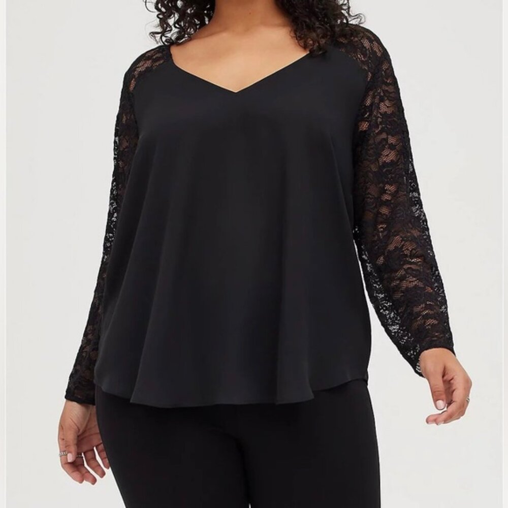 Torrid Black Georgette V-Neck Lace Sleeve Blouse